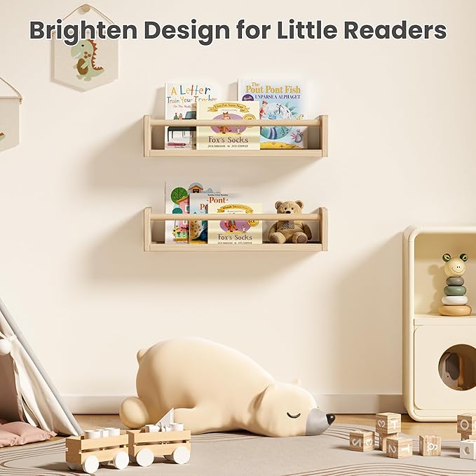 upsimples 2 Pack Nursery Book Shelves, 15.7 Inch Floating Bookshelves for Wall, Baby Nursery Decor, Small Solid Wood Wall Mounted Shelves for Baby Kids Boys Girls, Natural