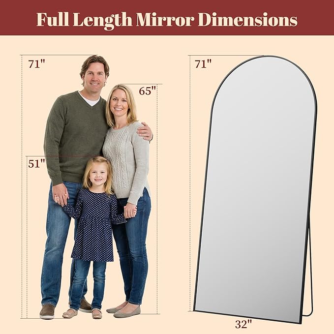 Suidia 71"x32" Arched Full Length Mirror with Stand, Full Body Mirror with Aluminum Frame, Freestanding/Leaning/Wall-Mounted, Floor Mirrors for Bedroom, Living Room, Entryway, Dressing Room, Black