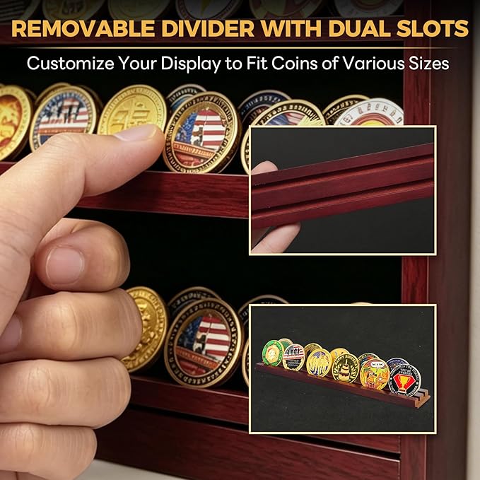 ASmileIndeep Military Challenge Coin Display Case Holder with HD Toughened Glass and Wall Mount, Wooden Coin Stand Rack with Removable 2 Grooves Shelves, Mahogany Finish…