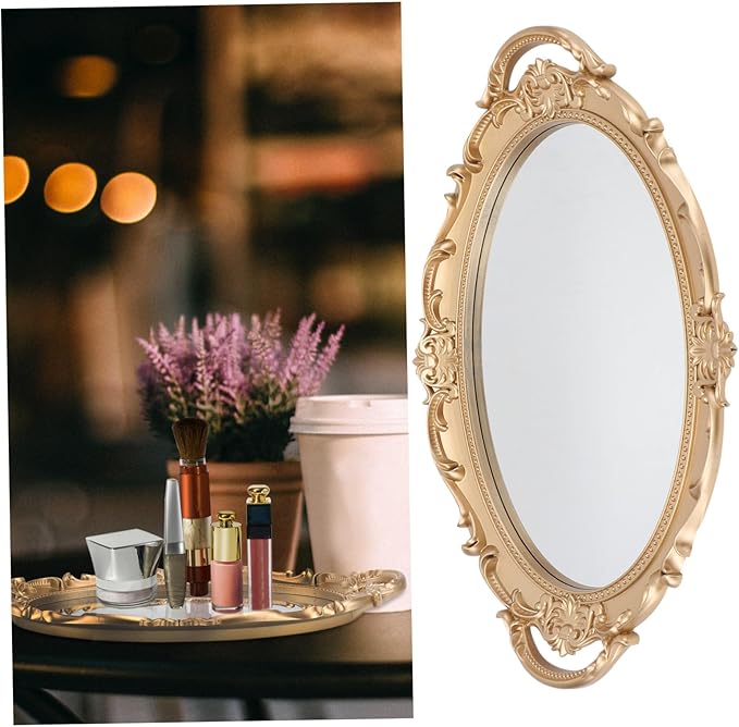 Generic Vintage Retro Mirror Tray Decorative Storage Plate for Jewelry and Perfume Elegant European Style Makeup Organizer Tray for Vanity and Dresser Delicate High-Texture Oval Mirror