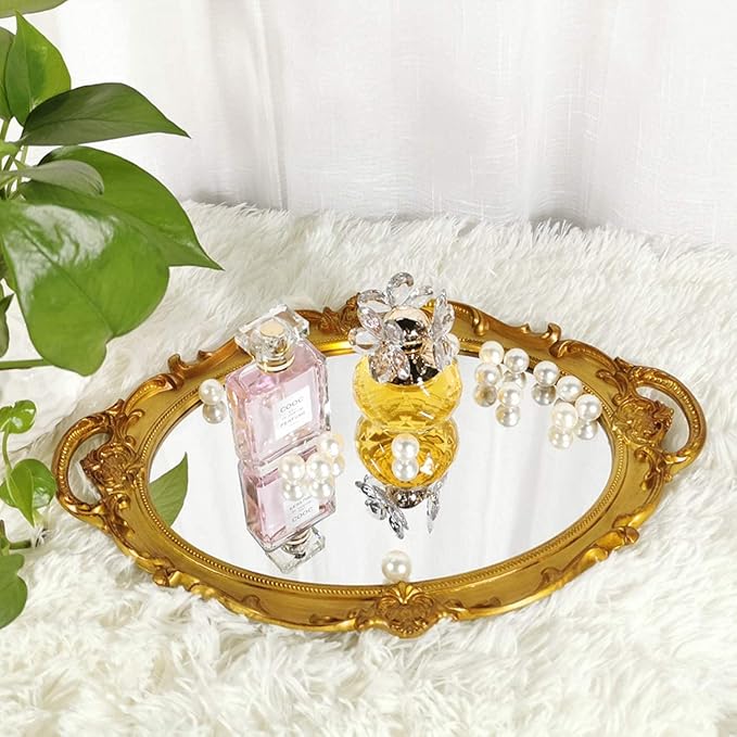 Oval Decorative Mirror Tray, French Style, Makeup Organizer, Jewelry Organizer, Serving Tray, 9.8"x 14.6", Gold