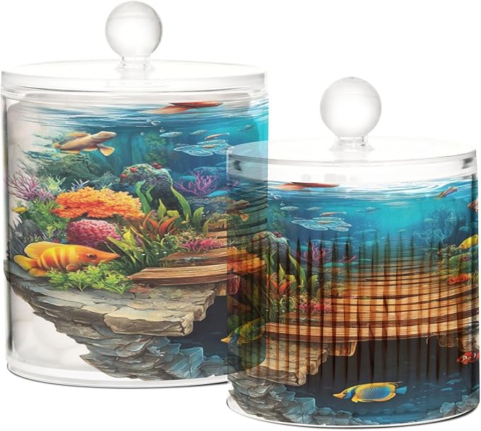3d Hole White Wall Underwater Scenery Clear Plastic Makeup Organizer Storage with lid Bathroom Essentials Decorative Dental floss storage jar for Cotton Swabs,Cotton Pads,Floss Picks,Paper