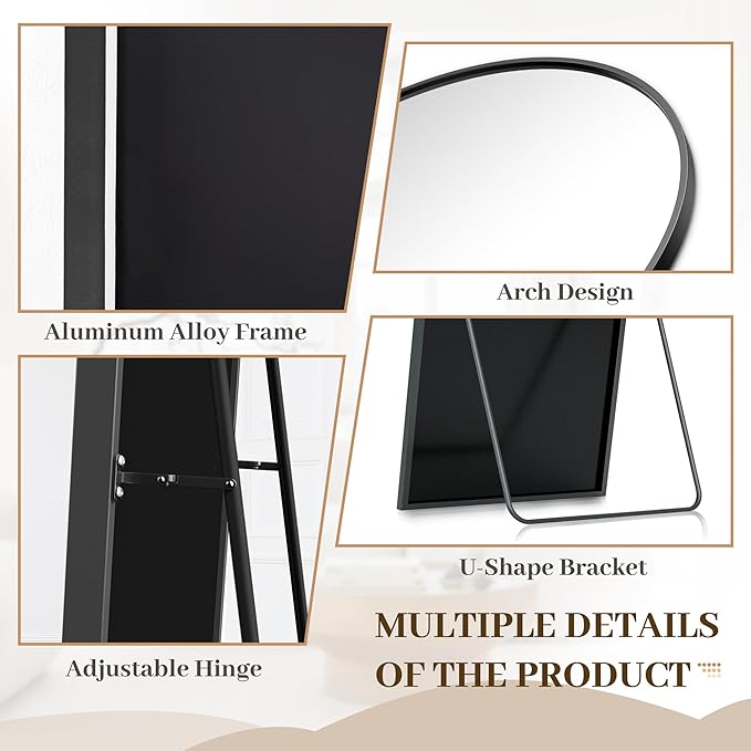 Suidia 58"x21" Arched Full Length Mirror with Stand, Full Body Mirror with Aluminum Frame, Freestanding/Leaning/Wall-Mounted, Floor Mirrors for Bedroom, Living Room, Entryway, Dressing Room, Black