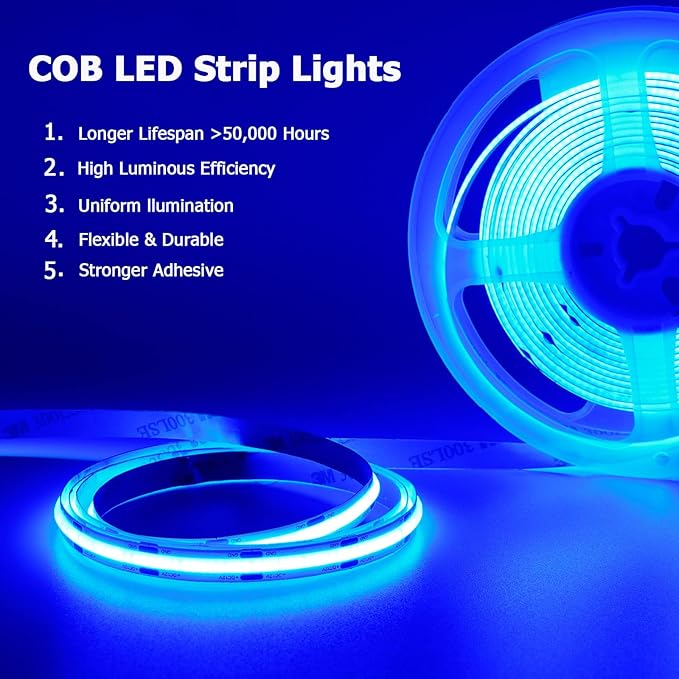 TOPAI 24V COB LED Strip Light Blue Waterproof IP65 16.4ft/5M Dotless 480LED/M 2400LEDs Cuttable Flexible LED Tape Light for Cabinet Home DIY Lighting Projects