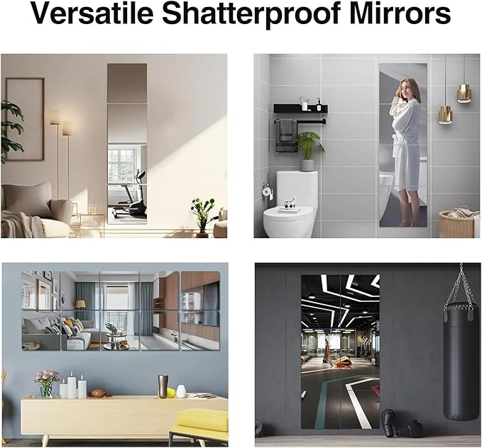 14x12 Inch Wall Mirror 4 Pack, Acrylic Self Adhesive Mirrors for Wall, Safety Stick-On Full Length Mirror Tiles