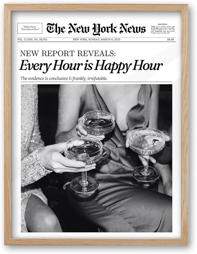 iHery Every Hour is Happy Hour Framed Trendy NewsPaper Wall Art, Natural OAK Wood 12x16in Canvas Wall Decor For Bedroom, Retro New York News Prints Posters for Girl Dorm Living Room Home 1Pack