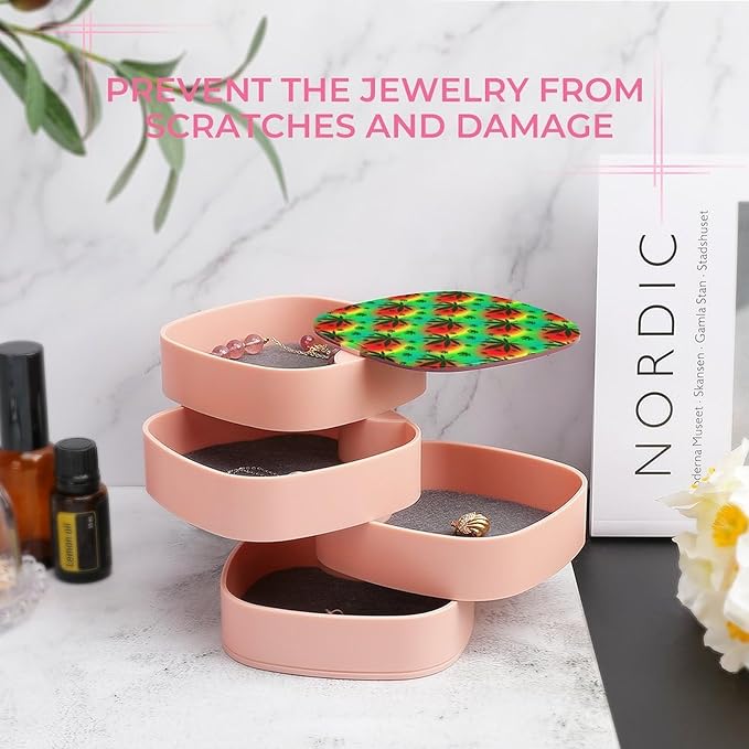 4-Layers Rotating Jewelry Box with Mirror Small Jewelry Storage Box Earring Holder for Bracelets Rings (Rasta Leaf Weedleaf)
