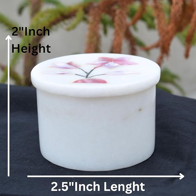Marble Round Small Jewelry Box 2.5 Inch – Hand Carved Floral Design with Mother of Pearl Inlay – Alabaster Trinket Box, Makeup Organizer & Jewelry Holder – Decorative Gift for Women