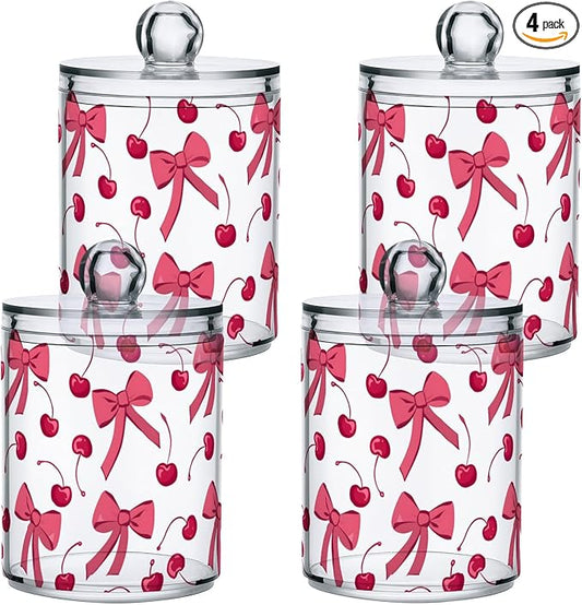 ALAZA 4 Pack Qtip Holder Dispenser Pink Cherry Bow Cotton Ball Cotton Swab Round Pads Floss Clear Bathroom Storage Containers Plastic Apothecary Jars with Lids