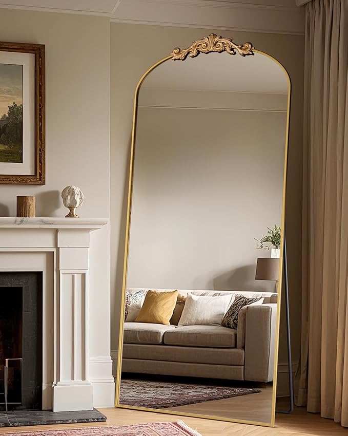 Antok Arched Full Length Mirror, 76"x34" Floor Mirror with Carved, Full Body Mirrors for HomeDecor, Standing/Halling Large Wall Mirror for Bedroom, Living Room, Cloakroom, Gold, Retro Style