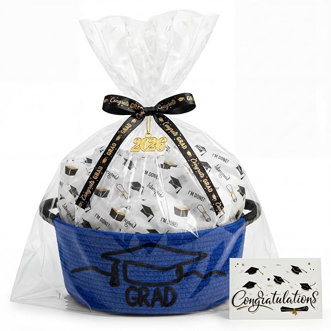 Colingmill 2026 Graduations & Nurses Week Gift Basket Empty to Fill, Woven Rope Basket 15" x 11" x 6" Decorative Storage Baskets with Gift Bag, Bow, Tissue Paper & Year Charm(Blue,Black,Graduation)