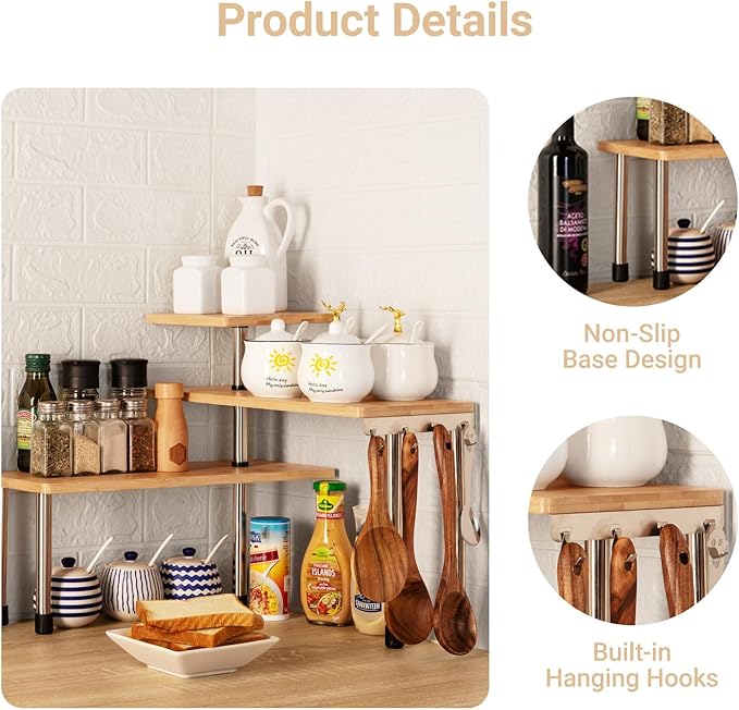 HYNAWIN Bamboo Countertop Shelf Storage Spice Rack, 3 Tier Desktop Shelves Space Saving Organizer, Adjustable Rack
