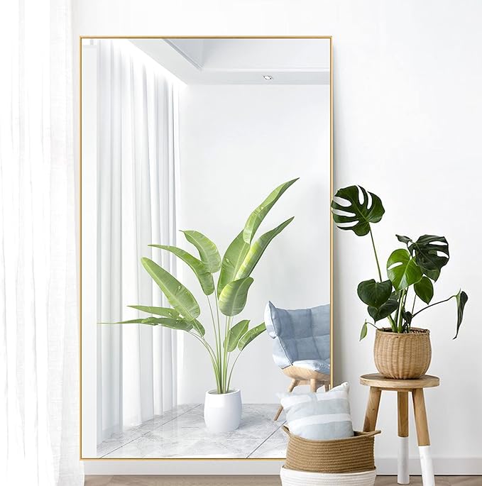 NeuType Full Length Mirror Floor Mirror, Long Mirror Full Body Dressing Mirror, Large Wall Mirror Bathroom Mirror Standing Mirror, Large Mirrors for Bedroom, Metal Frame, Gold 59"x35", No Stand