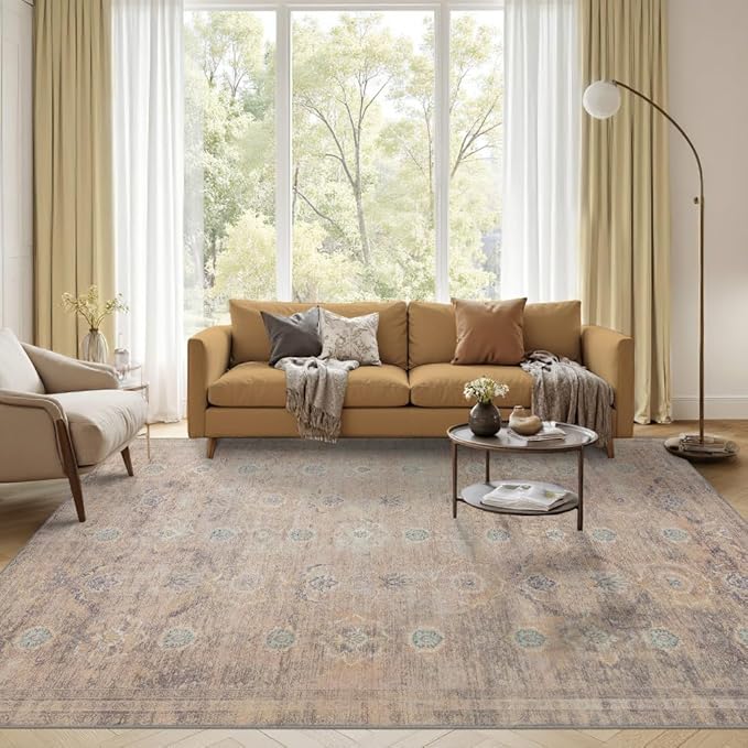 Rugxara Beige Rug 5x7 Neutral Area Rugs for Living Room Bedroom, Washable Vintage Floral Retro Boho Non Slip & Low Pile Carpet for Indoor Dining Room and Kids Room(Beige 5x7ft)