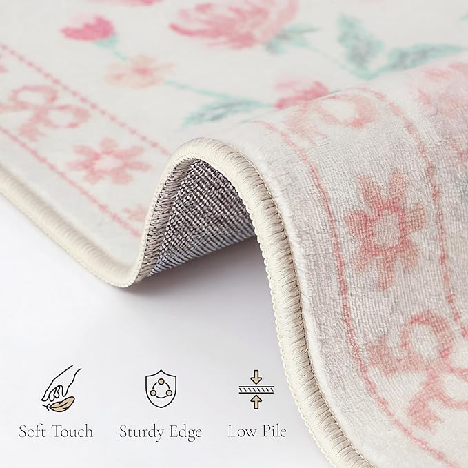 GENIMO 8X10 Washable Vintage Area Rugs for Living Room, Non-Slip Low Pile Chenille Print Rug, Soft Rugs for Bedroom Dining Room Home Office, Pastel Pink
