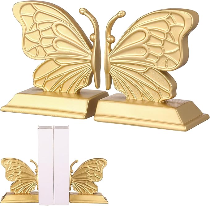 Kathfly Decorative Butterfly Bookends, Vintage Butterfly Book Ends, Resin Gold Bookends for Shelves, Heavy Duty Book Stopper for Desk Home Office, Shelf Decoration
