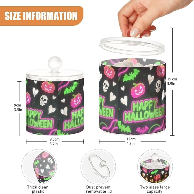 Halloween Heart Pumpkin Neon Green Pink Clear Plastic Makeup Organizer Storage with lid Dresser Essentials Decorative storage bin for Cotton Swabs,Cotton Pads,Floss Picks,Paper