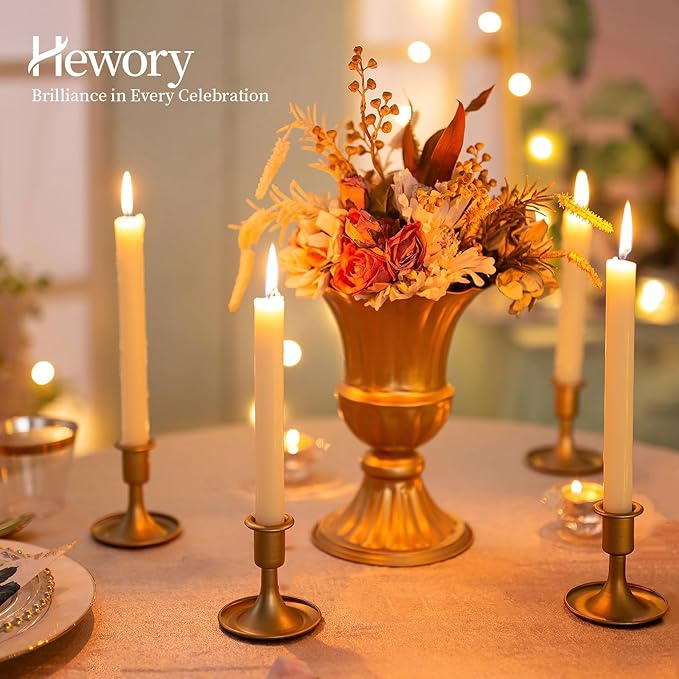 Gold Taper Candle Holder Set of 2, Hewory Short Skinny Brass Candlestick Holders, Vintage Small Low Metal Candles Sticks for Wedding Centerpieces Christmas Birthday Party Holiday Dinning Table Decor