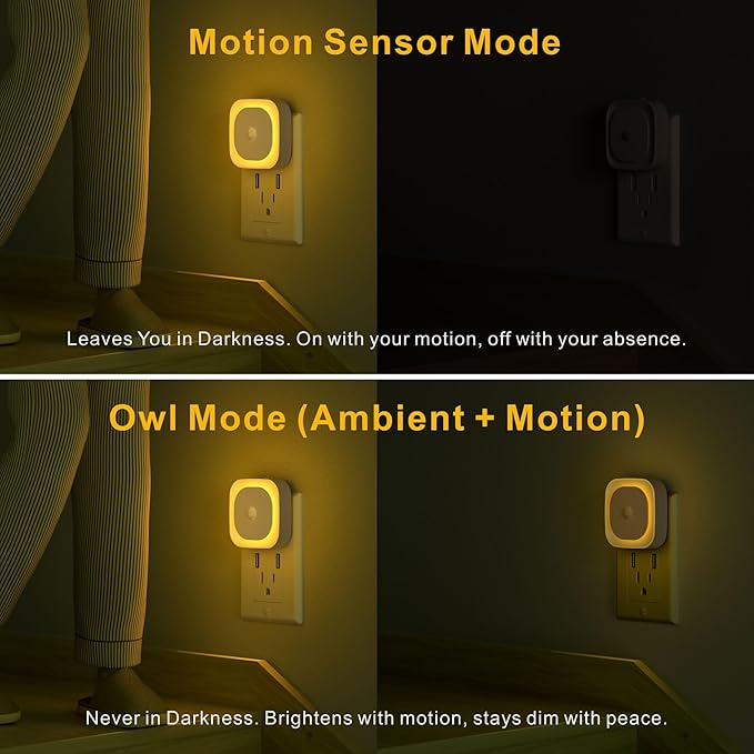 YUNLEX 2 Pack Plug in Night Light with Motion Sensor & Dusk to Dawn Sensor, 3 Sensor Modes, Auto ON/Off, Dimmable Nightlight for Living Room, Hallway, Bathroom, Golden Yellow