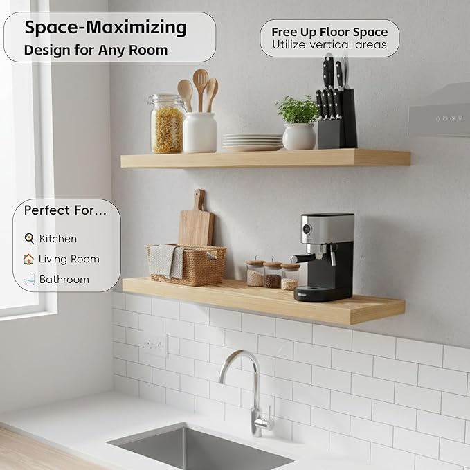 Lufia Floating Wall Shelves, Set of 2, MDF with Invisible Brackets, Modern Storage for Bedroom, Bathroom, Living Room, Kitchen (Oak, 28" W x 7" D x 1.5" H)