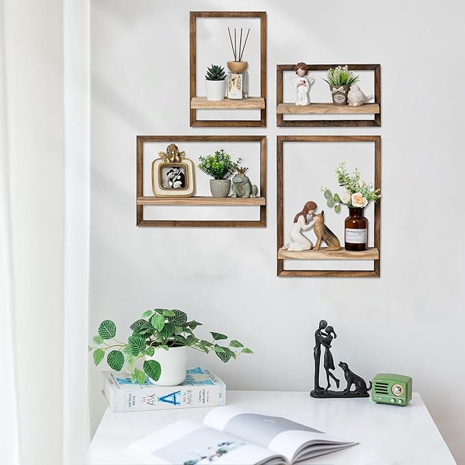 4-Piece Wood Wall Shelves for Bedroom Farmhouse - Rustic Floating Shelf Decorative Storage Shelving Wall Mounted Decor with Frame for Living Room