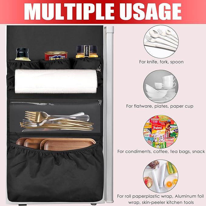 Mini Fridge Organizer Dorm Essentials - Over the Fridge Caddy Organizer, Dorm Room Storage, Mini Refrigerator Dust Cover Top with 12 Extra Large Fabric Pockets for Office Kitchen Home School, Black