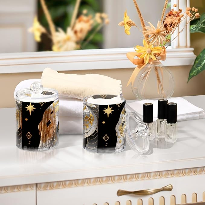 2 Pack Apothecary Jars Art White Snake Bathroom Vanity Storage Organizer Set,Small Clear Plastic Storage Jars Bathroom Canister for Cotton Swabs, Rounds, Balls, Qtips,Makeup Sponges, Flossers,B