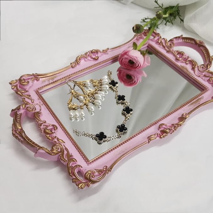 Small Rectangle Decorative Mirror Tray, French Style, Makeup Organizer, Jewelry Organizer, Serving Tray, 13"x 7.8", Golden Pink