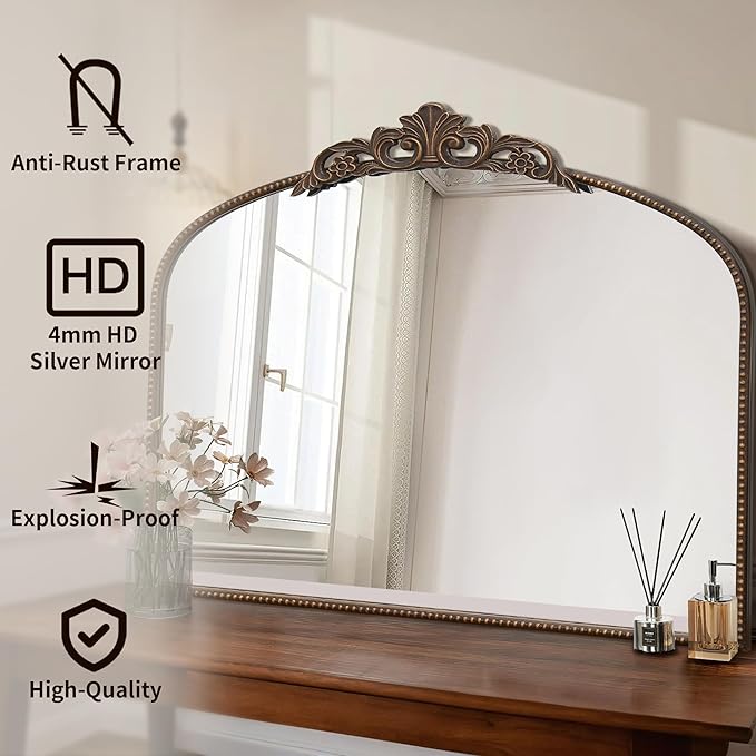 Micasso Large Bronze Vintage Mirror: 40"x29" French Baroque Antique Mirror - Traditional Ornate Decorative Wall Mounted Arched Mirrors for Wall/Mantel/Entryway/Hallway - Home Decor for Living Room