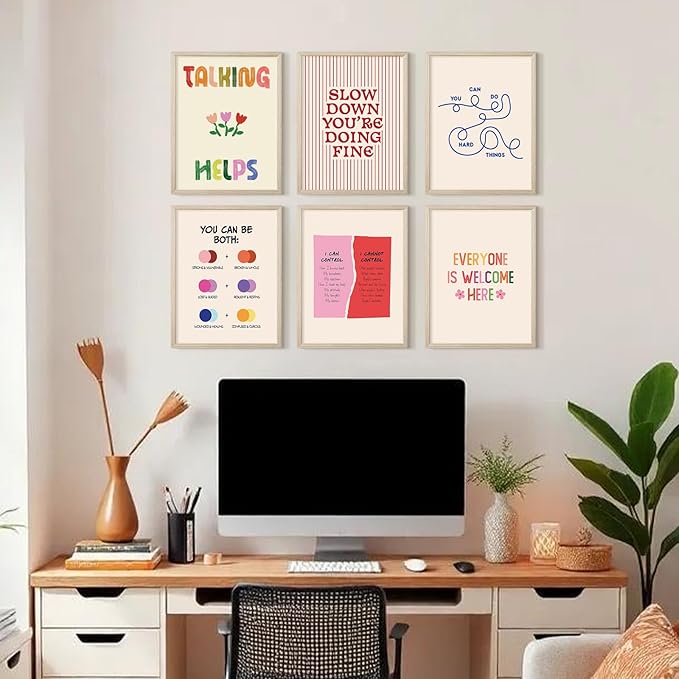 Mental Health Office Wall Decor Therapy Wall Art Mental Health Canvas Posters Motivational Inspirational Quotes Pictures Boho Positive Artwork for Counseling Office Classroom 8x10 Inch Framed 6Pcs