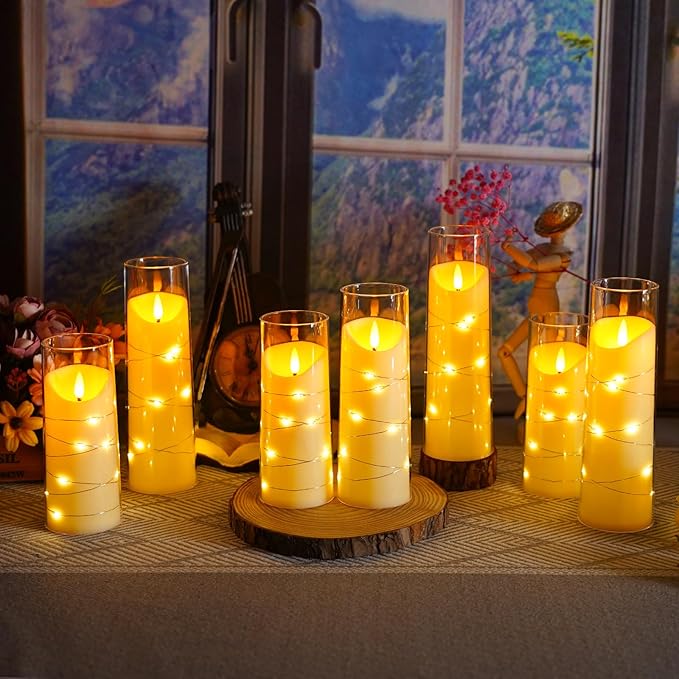 Eebuss Flameless Candles with Embedded Star String, Battery Operated LED Pillar Candles with Timer and Remote Control,Home Decorating for Ambiance， Set of 9 (Ivory)