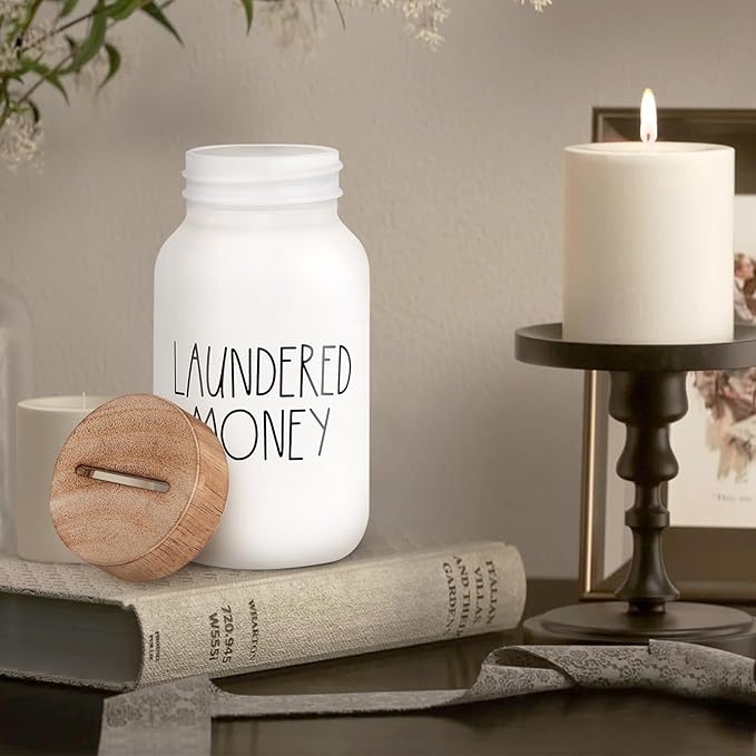Laundry Room Decor & Organization - Premium Matte White Glass Coin Bank with Wood Lid - Rustic Farmhouse Money Jar for Loose Change - Funny Laundered Money Tip Jar & Shelf Accessories