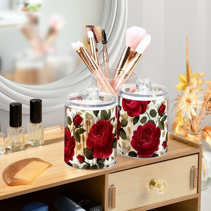 2 Pack Apothecary Jars Plump Red Roses and Bees Bathroom Vanity Storage Organizer Set,Small Clear Plastic Storage Jars Bathroom Canister for Cotton Swabs, Rounds, Balls, Qtips,Makeup Sponges, F