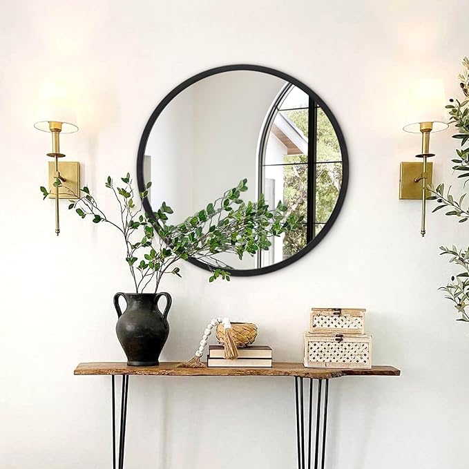 JJUUYOU Circle Wall Mirror 20 Inch for Home Decor Black Round Mirror for Bathroom Wall Mounted Metal Aluminum Frame Vanity Mirror for Living Room, Bedroom, Washroom, Dorm