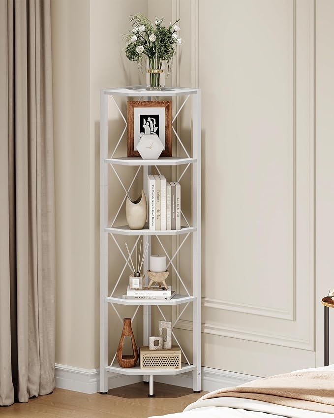 CHOEZON 5-Tier Corner Shelf, Corner Bookcase, 55.2" Tall Vertical Display Rack, Plant Stand, Open Storage Shelf, for Living Room, Bedroom, Study, Kitchen, White TCJ12WB