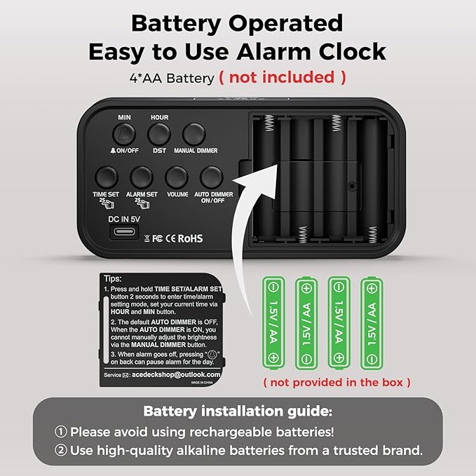 Acedeck Battery Operated Digital Clock: Cordless Small Alarm Clock for Bedroom Travel - Large Numbers 4 Dimmers for All Ages Red Digits