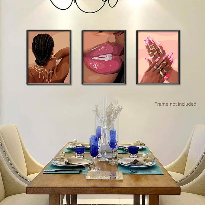 Black Girl Pink Wall Art Set of 3 African American Black Women Canvas Posters Fashion Black Girl Wall Decor Pictures Prints for Home Living Room Bedroom Bathroom Decoration 12x16 Inch Unframed