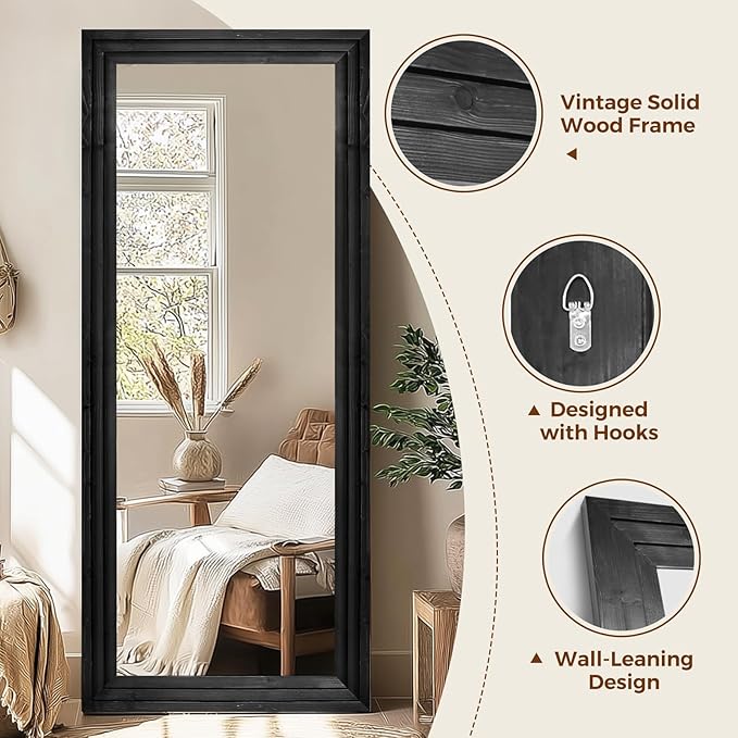 Full Length Wood Mirror 71x30 - Rustic Solid Wood Floor Mirror with Triple Layer Frame, HD Tempered Glass, Wall Mounted or Leaning Standing Mirror Vintage Black Mirror for Bedroom Bathroom Living Room
