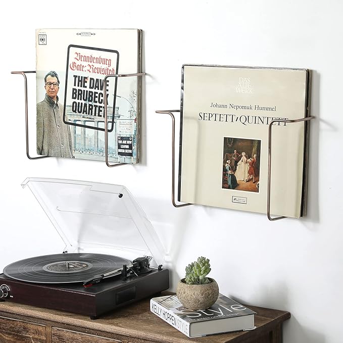 MyGift Modern Metal Wire Wall Mounted Vinyl Records Storage Racks, Hanging LP Record Holders, Floating Album Cover Display Shelves, Set of 2 (Vintage Copper-2 Pcs)