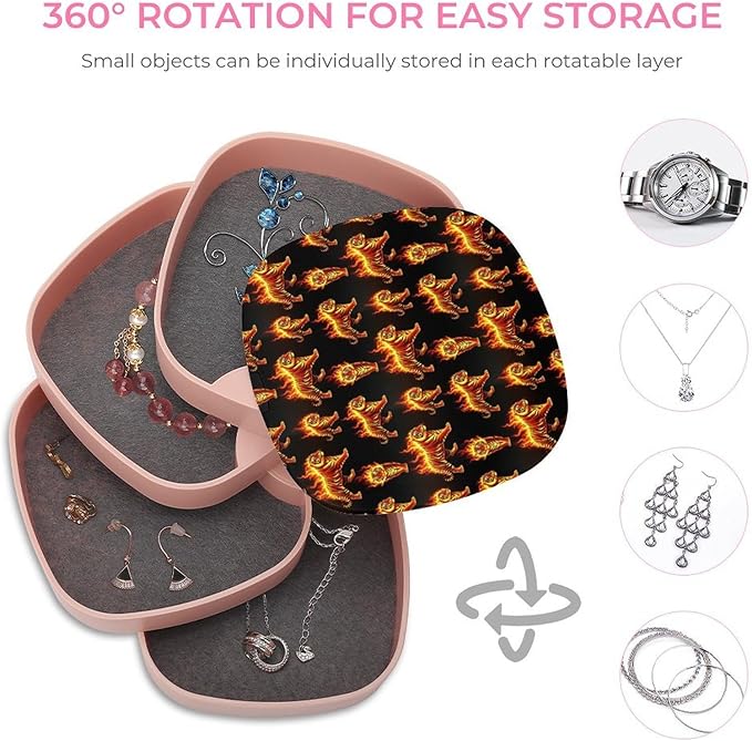 4-Layer Rotating Jewelry Box Mirror Necklace Ring Earring Storage Fire Flame Tiger Small Jewelry Organizer Box