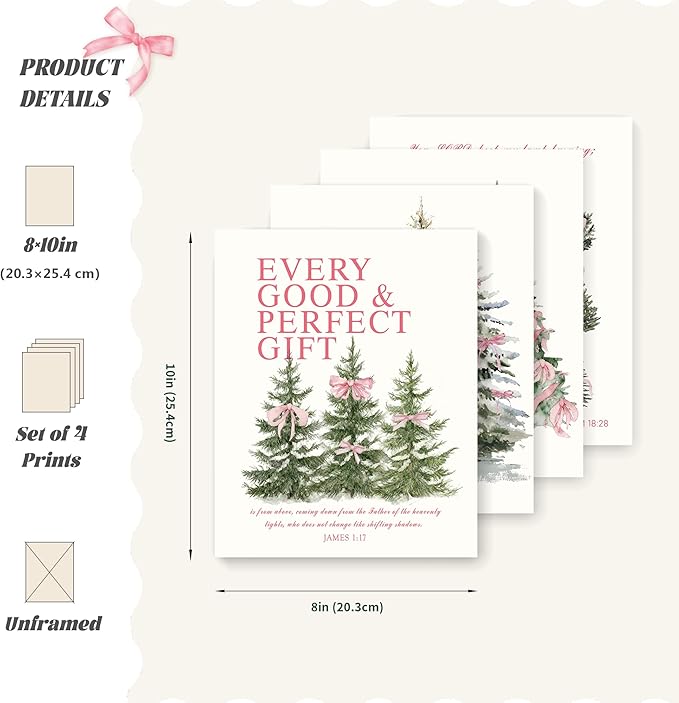LARTSFRO Coquette Pink Bow Christmas Tree Gifts Wall Art Decor Posters, Pink Bow Christmas Christian Room Bathroom Bedroom Dorm Wall Art Decor Aesthetic for College Teen Girls Gifts, Inspirational Bible Verses Bow Wall Decor, 10x8 Inch Set of 4 Pcs Chr...