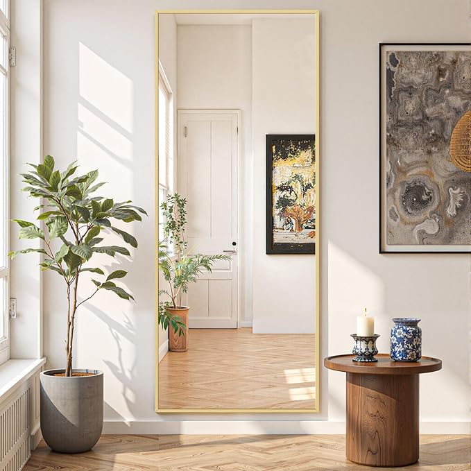 Mirror Full Length 64"x21" Full Body Floor Mirror with Stand, Shatterproof Glass, Aluminum Alloy Frame, Free Standing Wall Mounted or Leaning Rectangle Mirrors for Bedroom Living Room Entryway