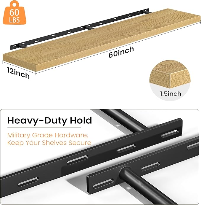 12 Inch Deep Floating Shelves, 60W x 12D Floating Shelf for Books, Rustic Wood Deep Wall Shelves for Home Storage & Display, 1.5" Thicked Shelves for Kitchen, Living Room, Bedroom, Oak, 1 Pack