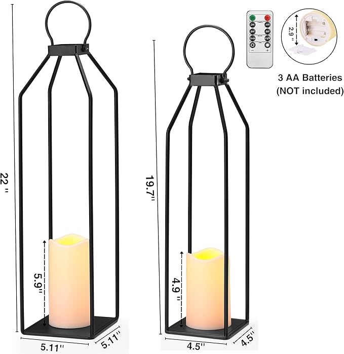 Perfnique Modern Farmhouse Lantern Decor, 19.7'' 22'' Set of 2 Black Metal Lanterns, 2 LED 6hr Timer Flickering Flameless Candles, Lanterns Decorative for Porch, Patio, Fireplace Mantle, Christmas