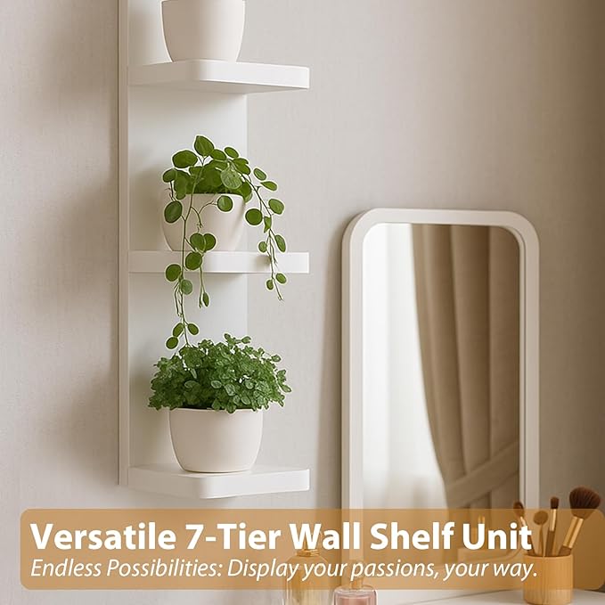 LitaEther Modern Lack Wall Shelf -Round Edge (White, 4 Tier)
