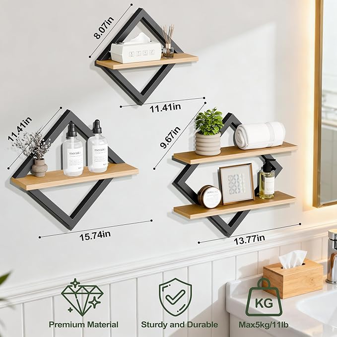 Floating Shelves Set of 3-2-Tier Hanging Wall Mounted Shelves, Decorative Storage Shelf for Living Room, Bedroom, Bathroom & Kitchen, Rustic Brown (3)
