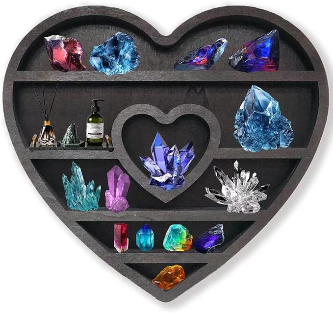Wooden Moon Shelf for Crystals Display, Rustic Wooden Fairy Shelf for Crystals, 14In Large Wall Mounted Crystal Display Gothic Witchy Home Decor (Heart Shape)