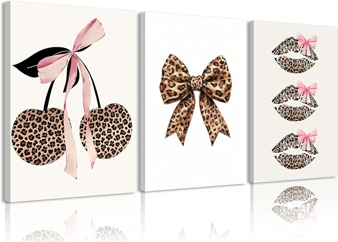 3Pcs Trendy Leopard Print Canvas Wall Art,Fashion Bow Cherry Lips Y2k Poster Pictures,Stylish Preppy Aesthetics Girls' Rooms Wall Decor for Bedroom Dorm Apartment.12x16in Framed