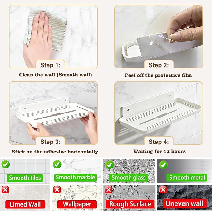 Wall Mounted Floating Shelf, Self Adhesive Shelf, No Drill Adhesive Wall Shelf, Floating Shelves Damage-Free Expand Walls Space for Living Room Kitchen Bathroom (2, White)