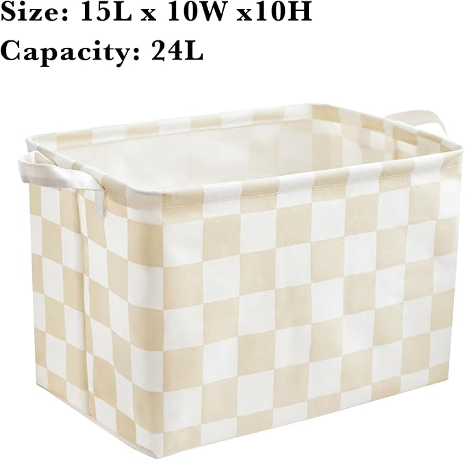 Ohocut Beige White Checkered Canvas Basket, Rectangular Organizing Decorative Storage Basket for Kids Dog Toy, Cute Aesthetic Checkered Room Decor for Home, Kitchen, Bedroom, Classroom, Shelves